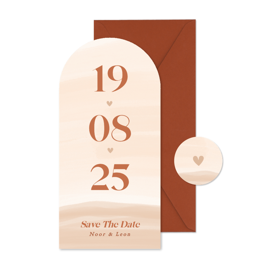 Save the date kaart met beige waterverf in boog vorm - Kaartimpressie
