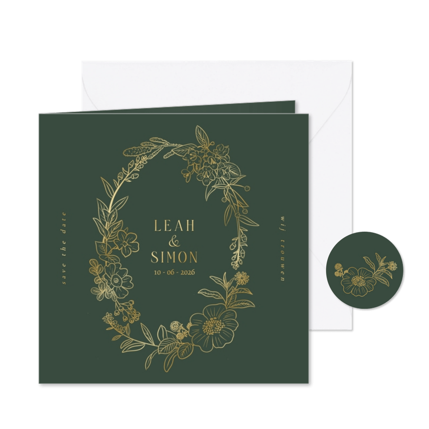 Save the date kaart met bloemenkrans in goud en groen - Kaartimpressie