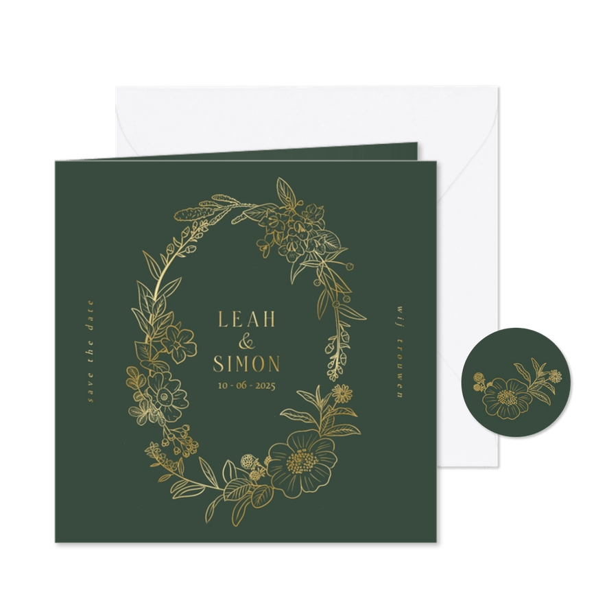 Save the date kaart met bloemenkrans in goud en groen - Kaartimpressie