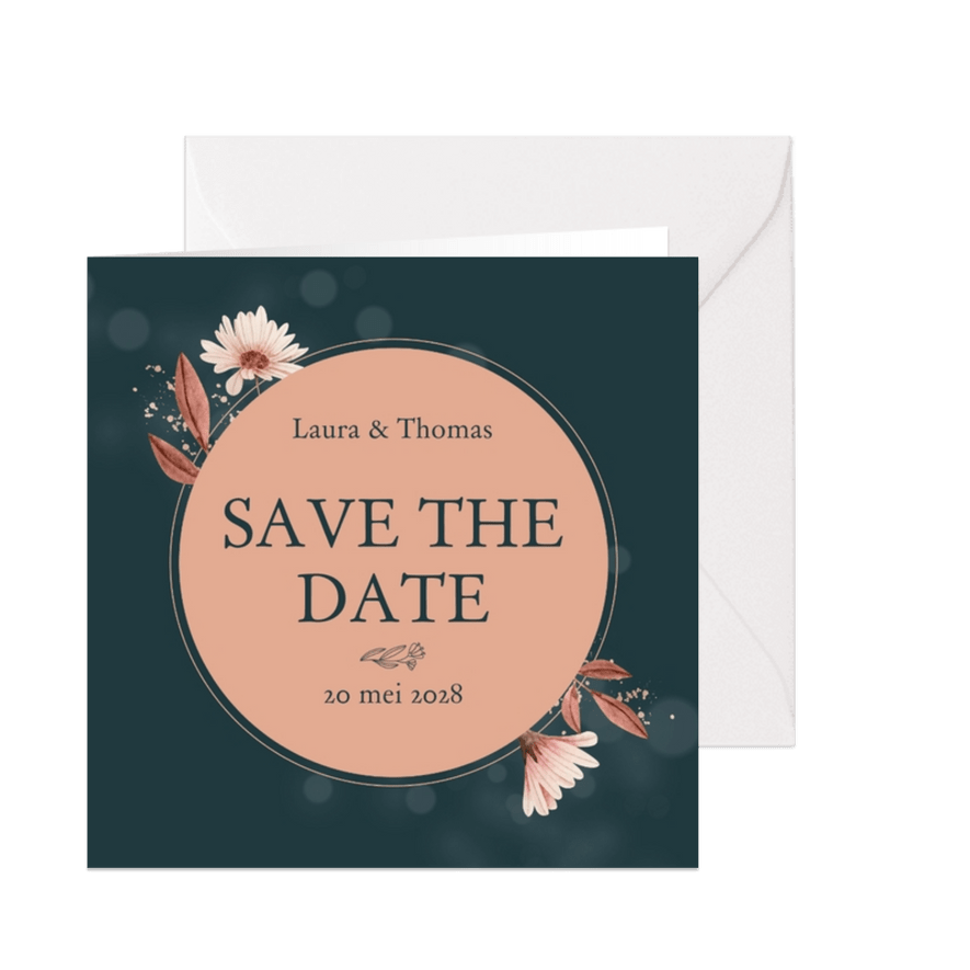 Save the date kaart met droogbloemen - Kaartimpressie