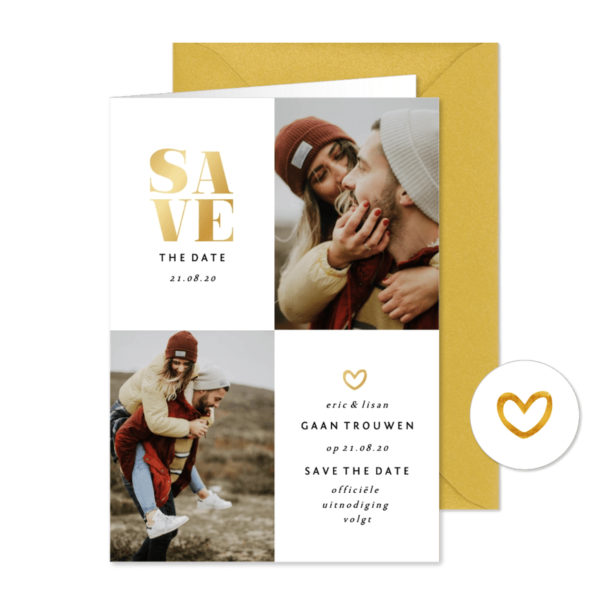 Save the date kaart met foto's en gouden accenten - Kaartimpressie