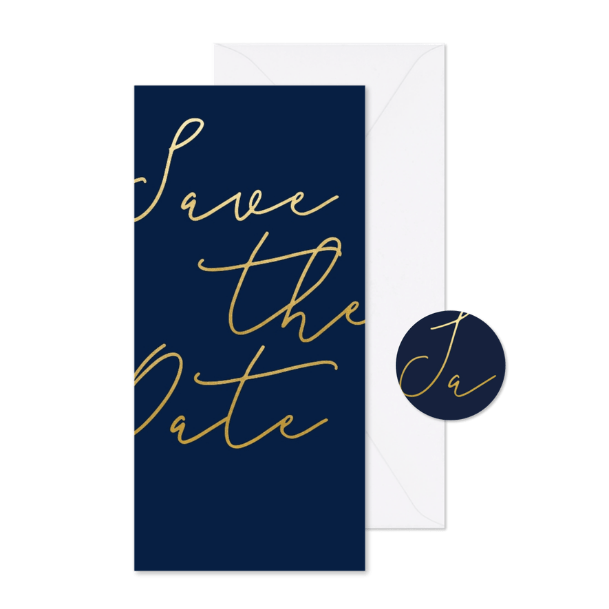 Save the date kaart met gouden tekst langwerpig - Kaartimpressie