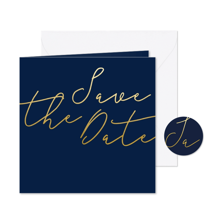 Save the date kaart met gouden tekst vierkant - Kaartimpressie