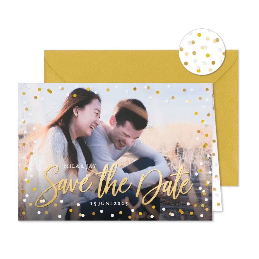 Save the Date kaart met grote eigen foto en confetti kader - Kaartimpressie