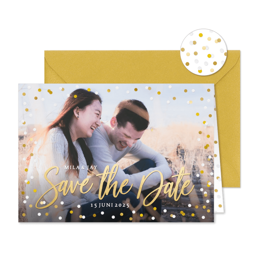 Save the Date kaart met grote eigen foto en confetti kader - Kaartimpressie