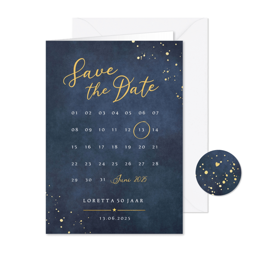 Save the Date kaart met kalender voor een feestje - Kaartimpressie