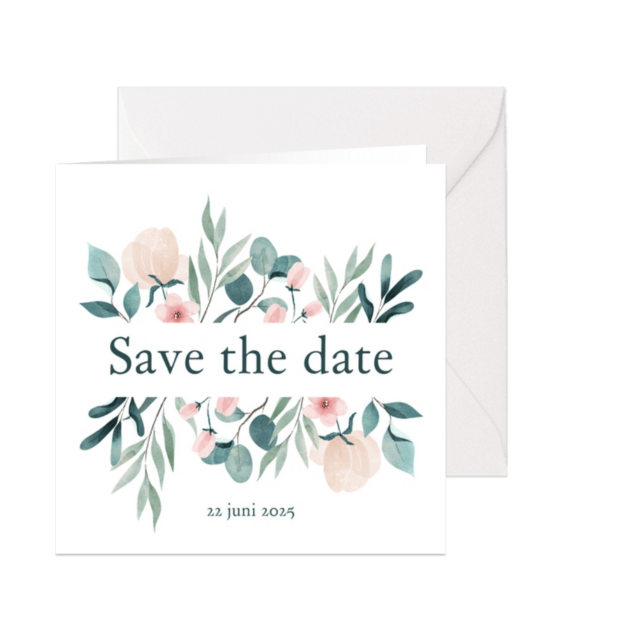 Save the date kaart met pastel bloemen - Kaartimpressie