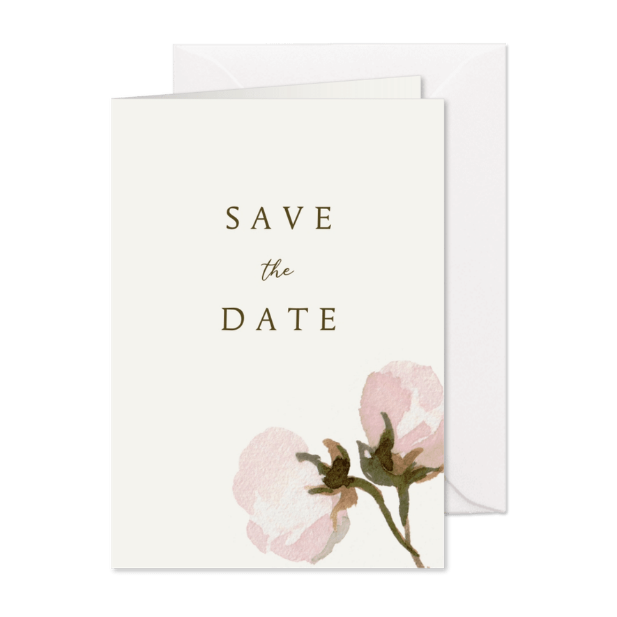 Save the date kaart met roze bloemen en ruimte voor een foto - Kaartimpressie