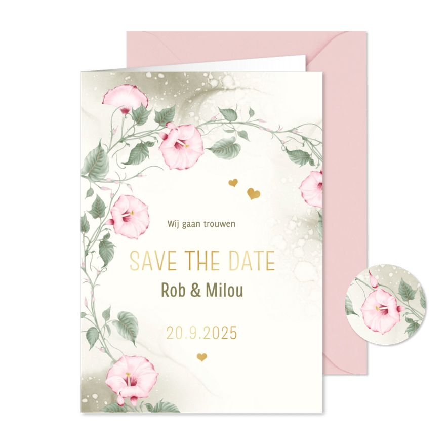 Save the date kaart met roze klokwinde - Kaartimpressie