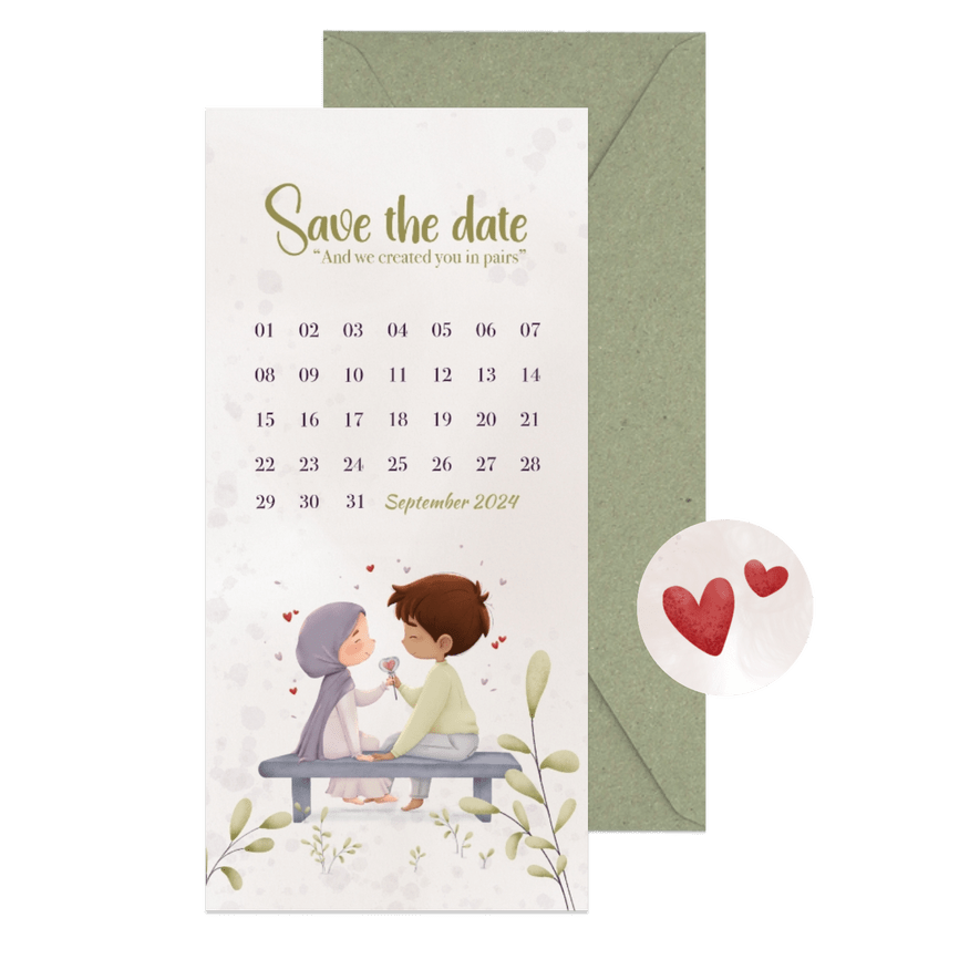 Save the date kaart met schattig geïllustreerd koppel - Kaartimpressie