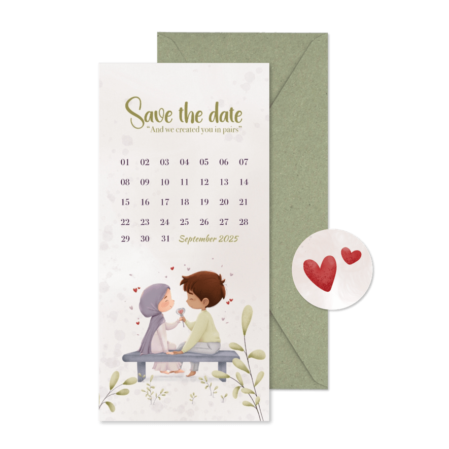 Save the date kaart met schattig geïllustreerd koppel - Kaartimpressie