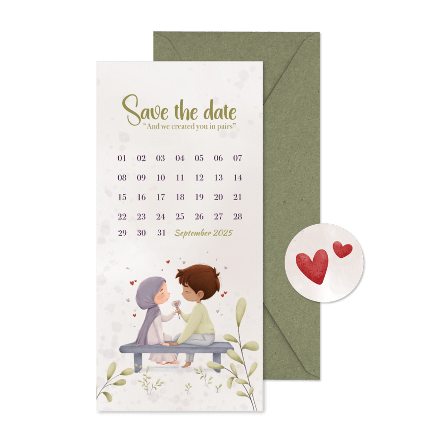 Save the date kaart met schattig geïllustreerd koppel - Kaartimpressie