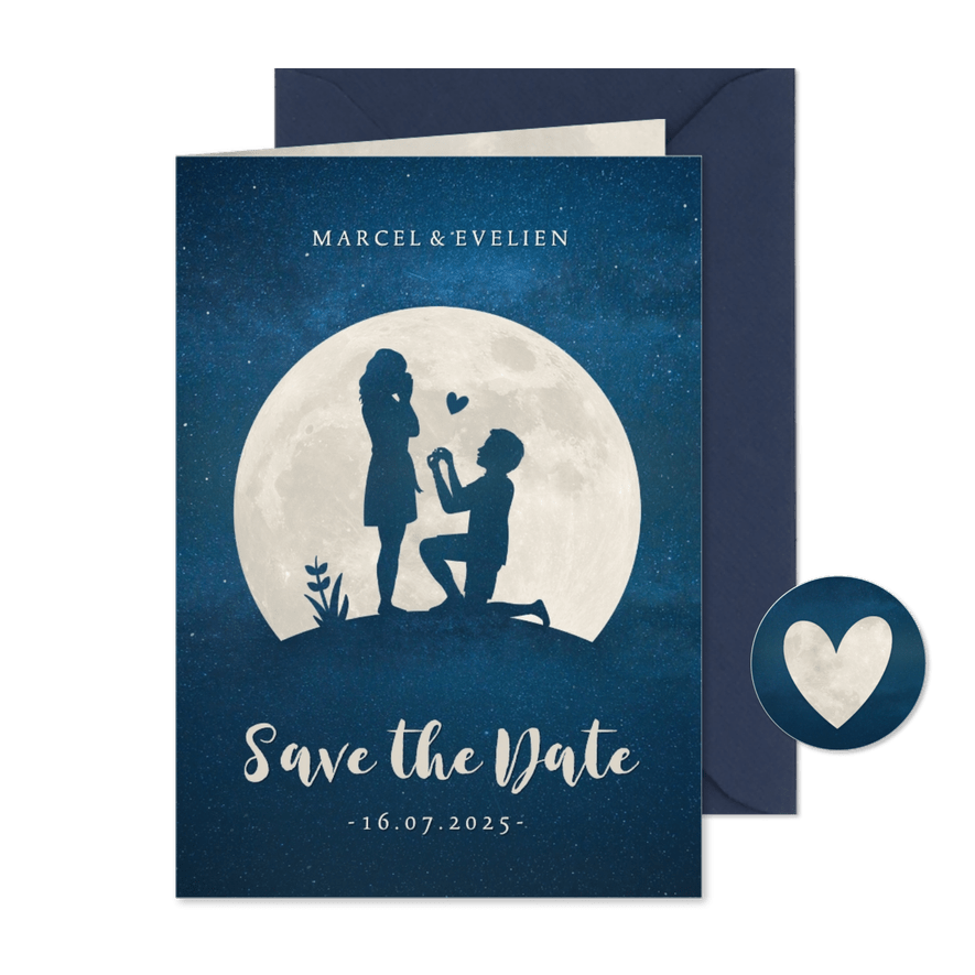 Save the Date kaart met silhouet van aanzoek in volle maan - Kaartimpressie