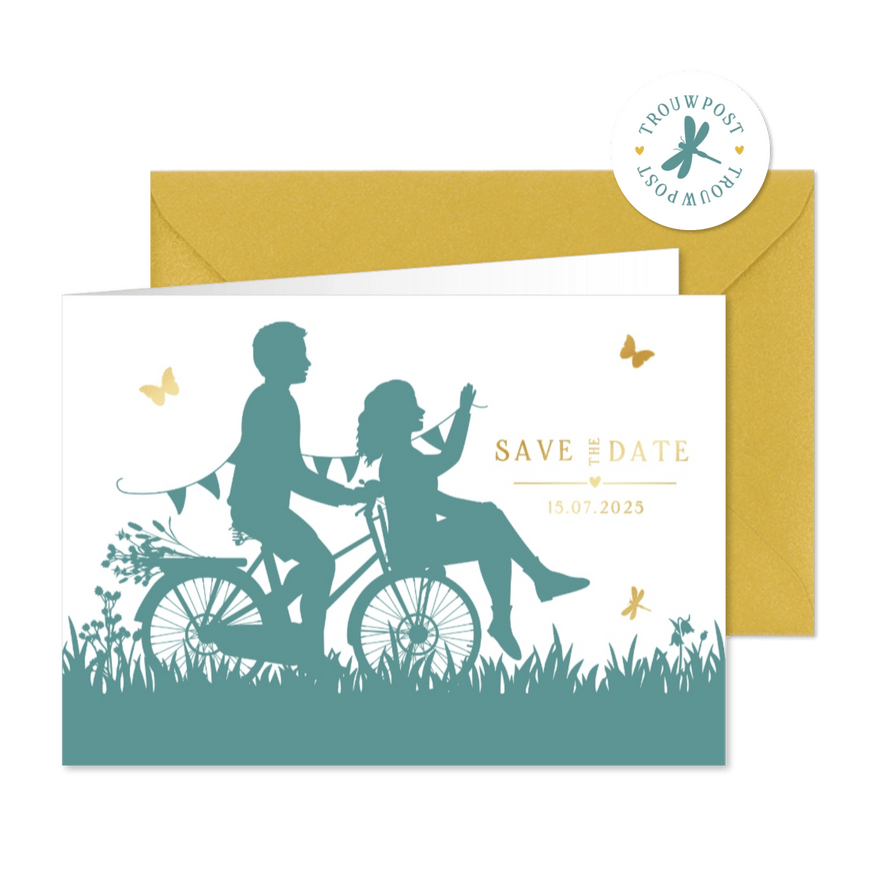 Save the Date kaart met silhouet van koppel op een fiets - Kaartimpressie