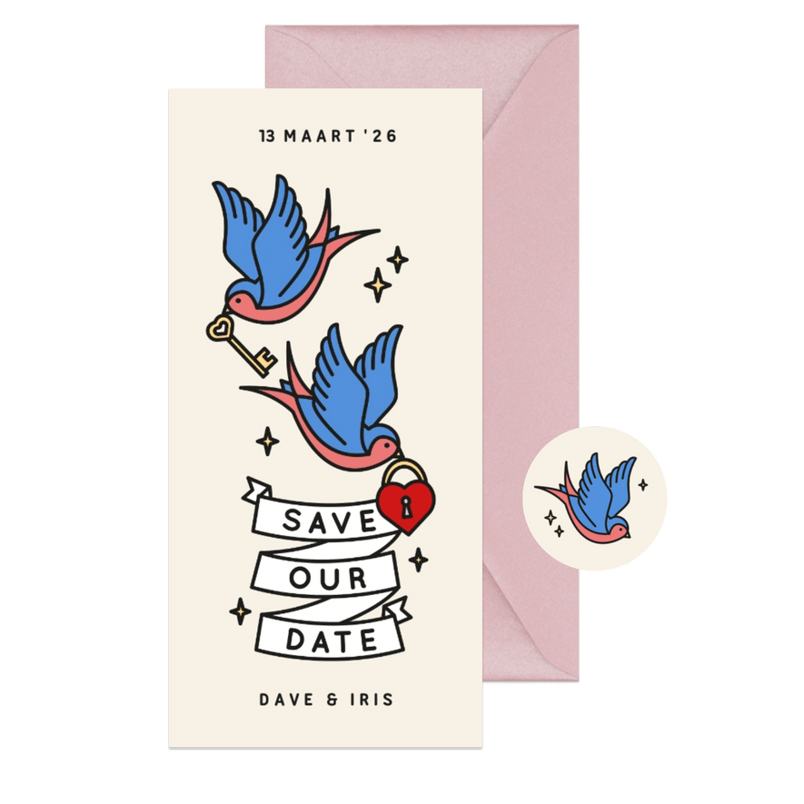 Save the date kaart met tattoo style illustratie - Kaartimpressie