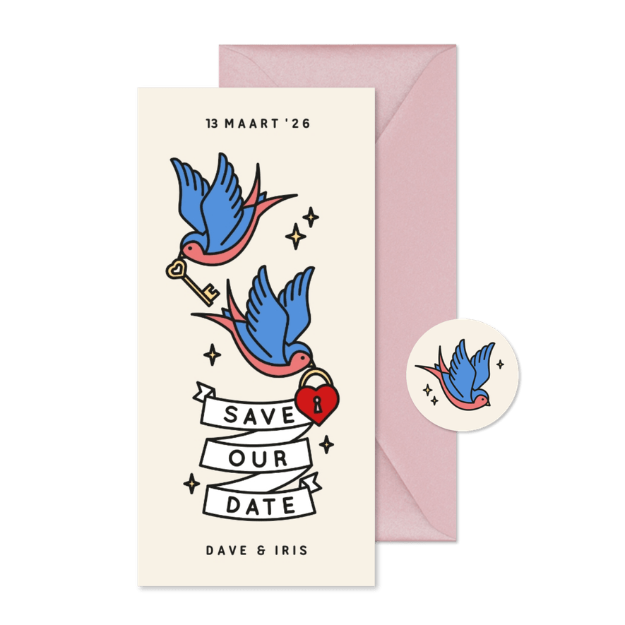 Save the date kaart met tattoo style illustratie - Kaartimpressie