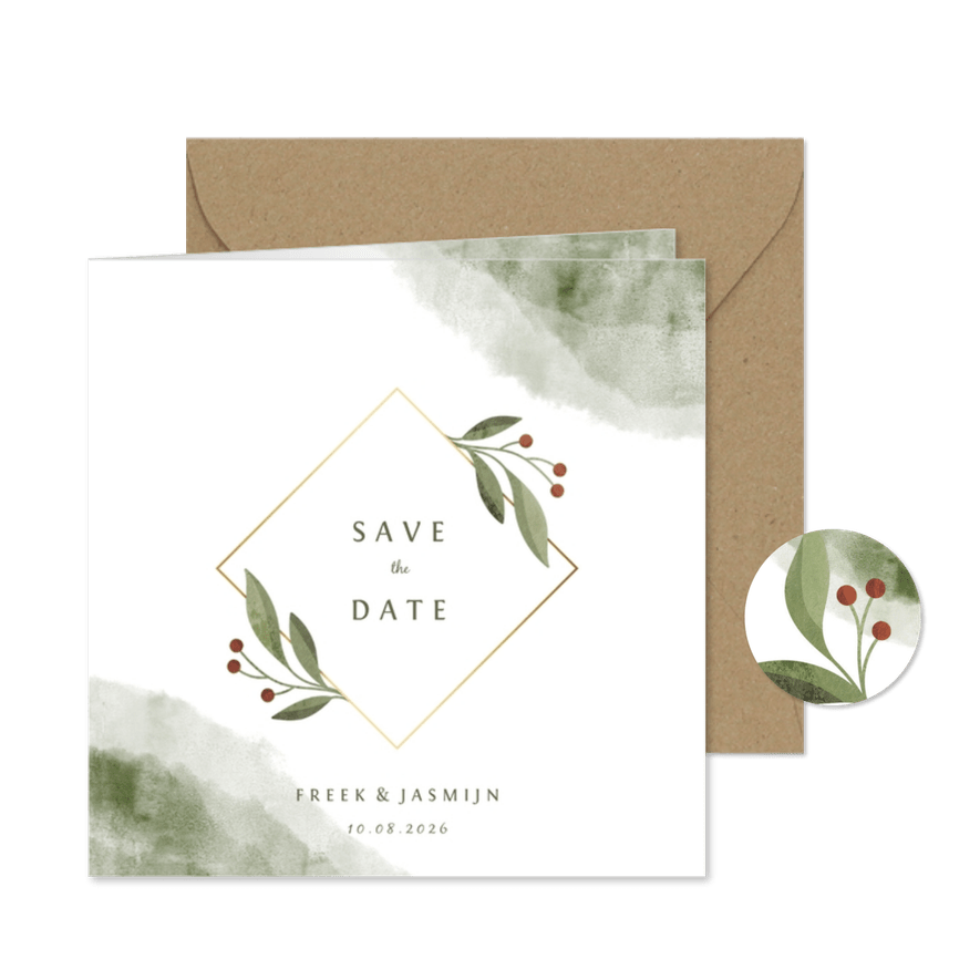 Save the date kaart met waterverf en botanisch gouden kader - Kaartimpressie