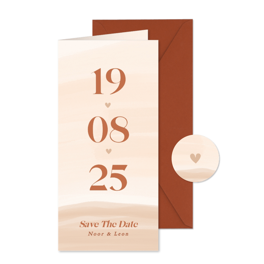 Save the date kaart met waterverf in beige tinten datum - Kaartimpressie