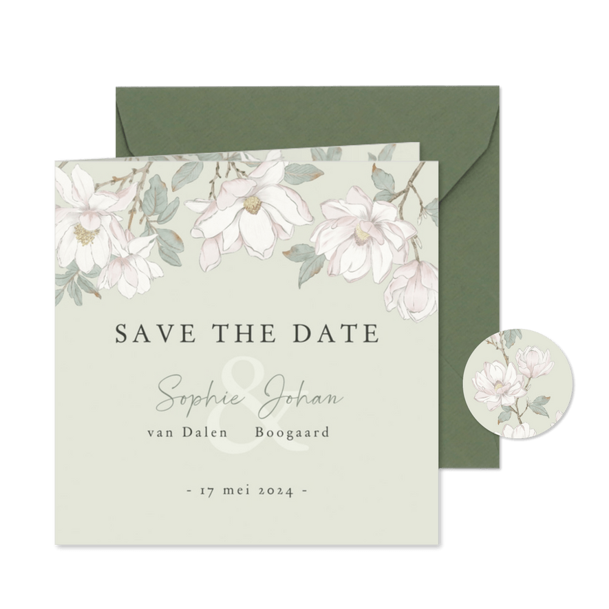 Save the date kaart met witte magnolia bloemen - Kaartimpressie