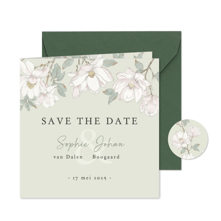 Save the date kaart met witte magnolia bloemen - Kaartimpressie