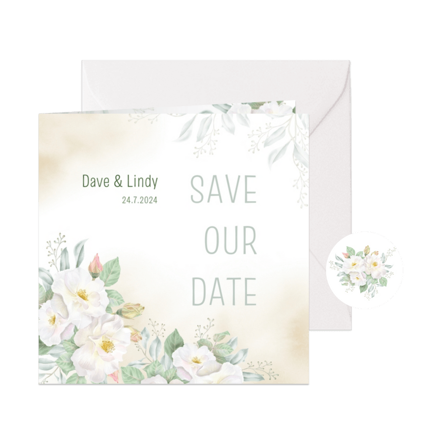 Save the date kaart met witte rozen - Kaartimpressie