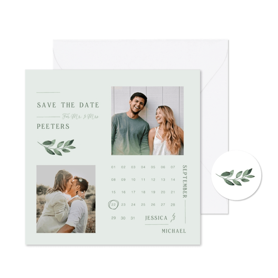 Save the date kaart minimalistisch waterverf takje grafisch - Kaartimpressie