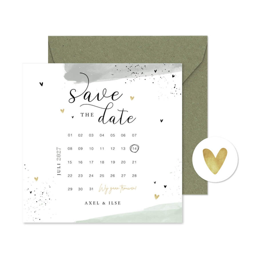 Save the date kaart mint verf hartjes kalender - Kaartimpressie