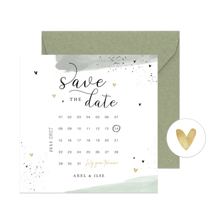 Save the date kaart mint verf hartjes kalender - Kaartimpressie