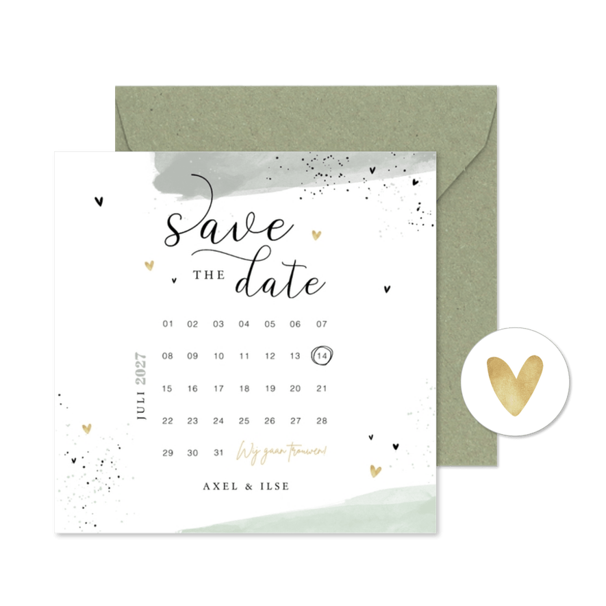 Save the date kaart mint verf hartjes kalender - Kaartimpressie