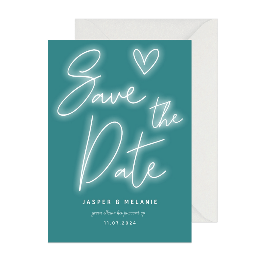 Save the date kaart neon letters, hartje en foto - Kaartimpressie