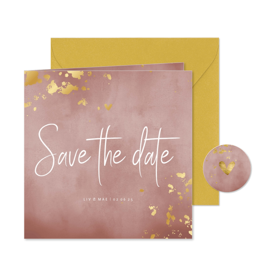 Save the date kaart oud roze waterverf gouden spetters - Kaartimpressie