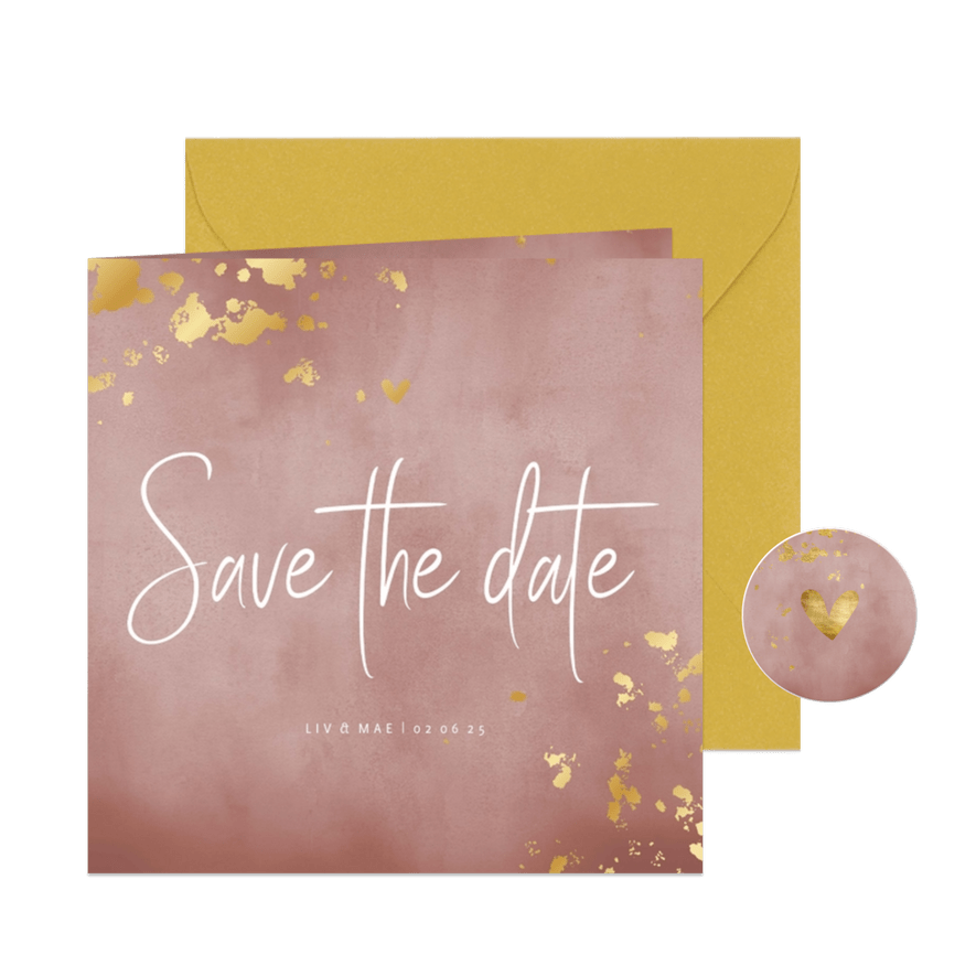 Save the date kaart oud roze waterverf gouden spetters - Kaartimpressie