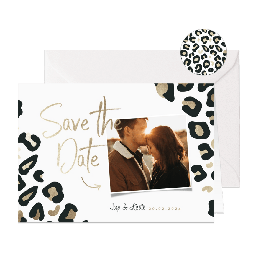 Save the Date kaart panterprint goudlook met foto - Kaartimpressie