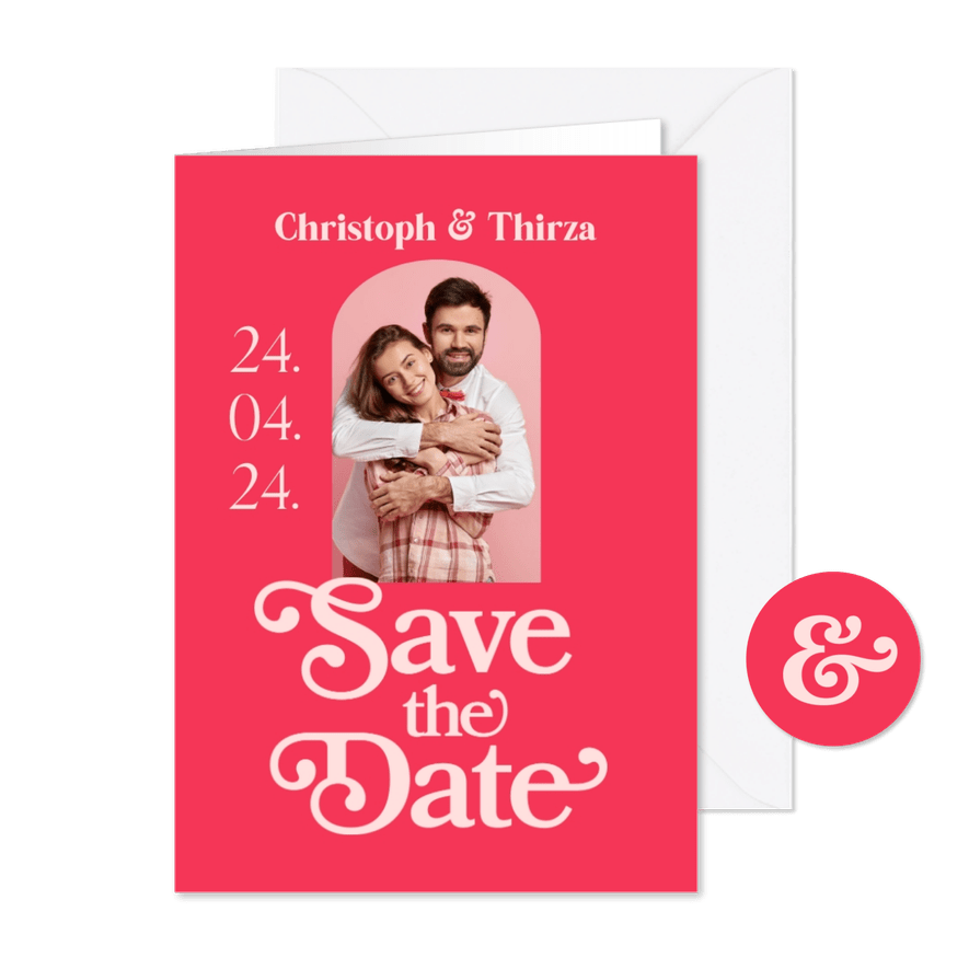 Save the date kaart retro roze typografisch foto - Kaartimpressie