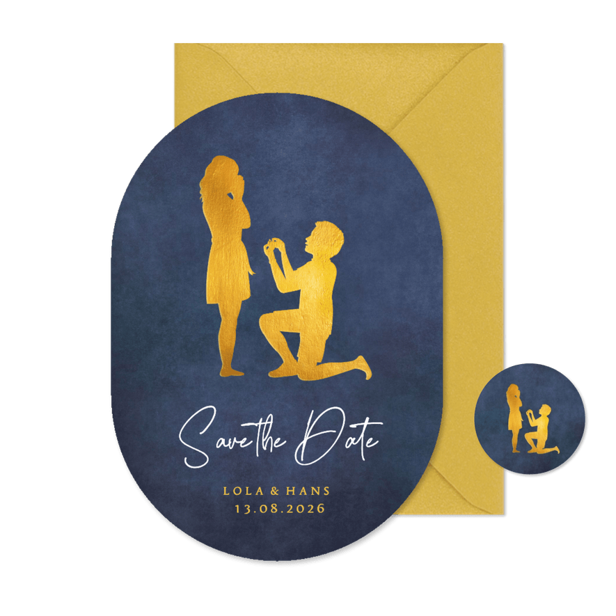 Save the Date kaart silhouet aanzoek trouwen in ovaal vorm  - Kaartimpressie