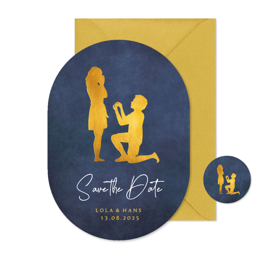 Save the Date kaart silhouet aanzoek trouwen in ovaal vorm - Kaartimpressie