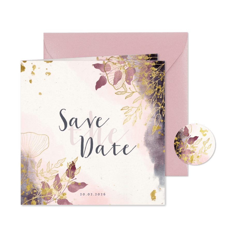 Save the Date kaart stijlvol met waterverf en gouden bloemen - Kaartimpressie