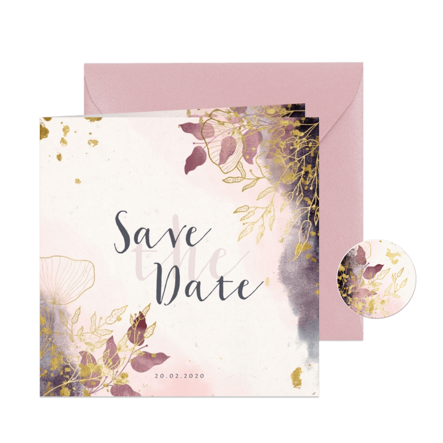 Save the Date kaart stijlvol met waterverf en gouden bloemen - Kaartimpressie