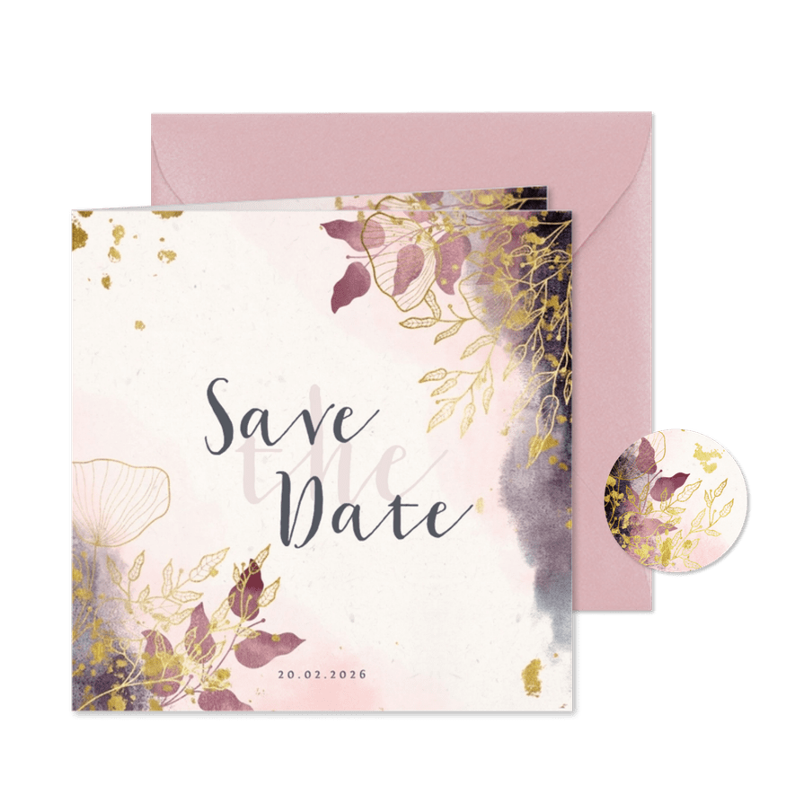 Save the Date kaart stijlvol met waterverf en gouden bloemen - Kaartimpressie