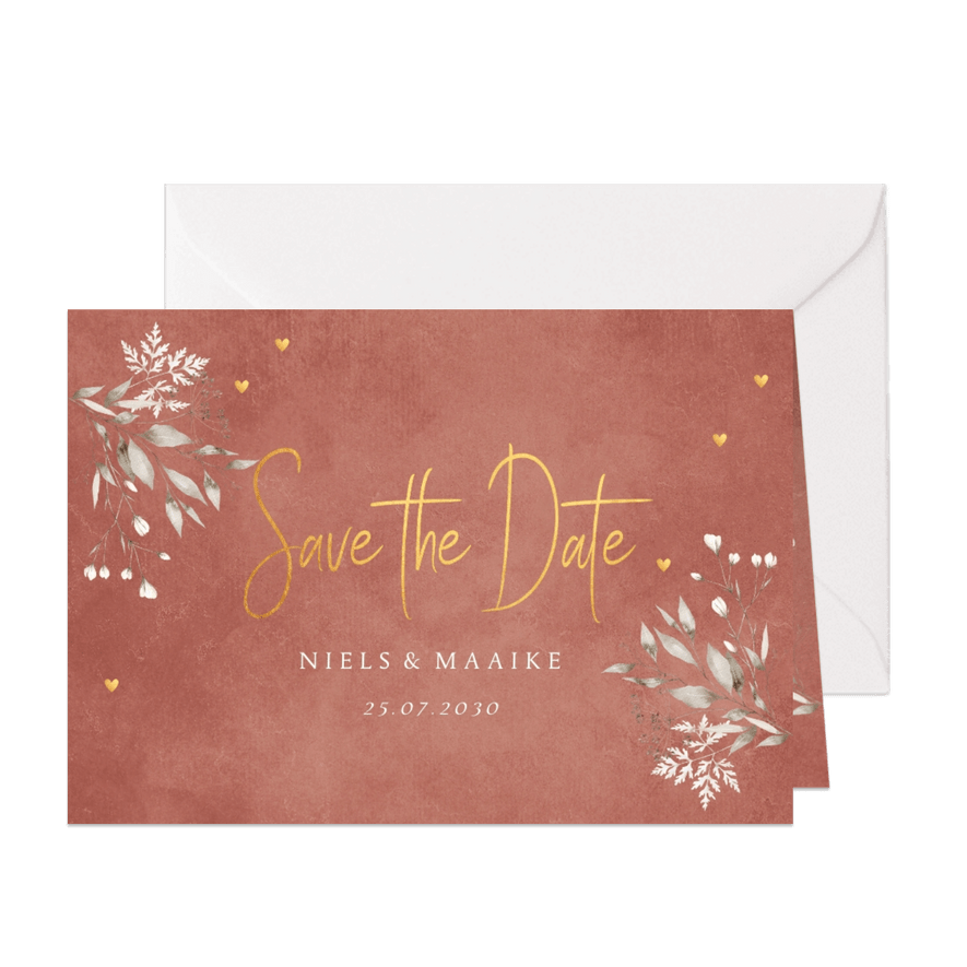 Save the Date kaart terracotta floral hartjes - Kaartimpressie