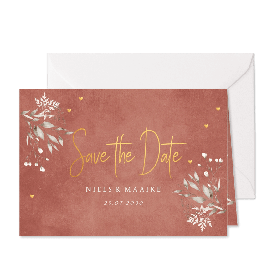 Save the Date kaart terracotta floral hartjes - Kaartimpressie