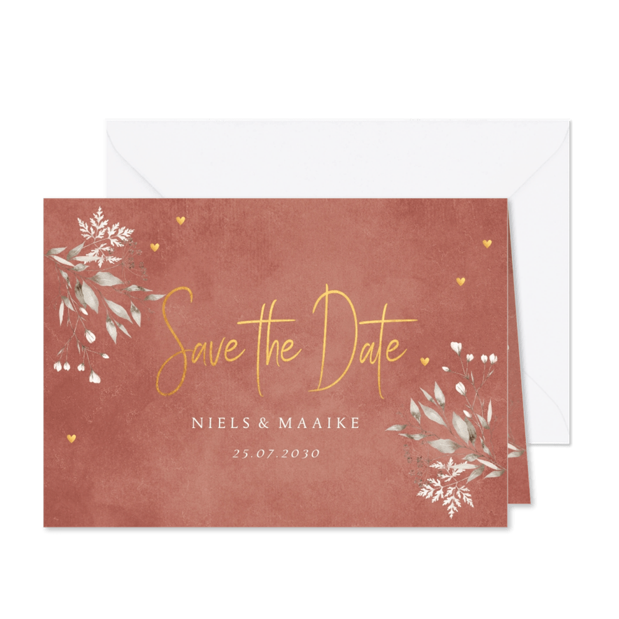 Save the Date kaart terracotta floral hartjes - Kaartimpressie