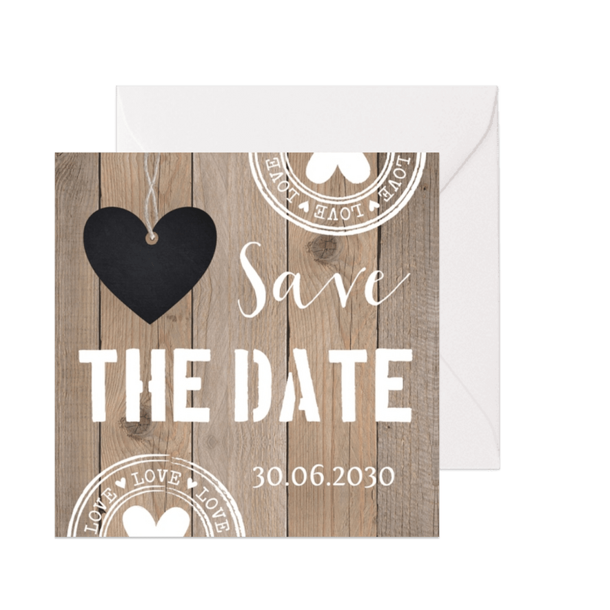 Save the Date kaart typografie hartje houtlook - Kaartimpressie