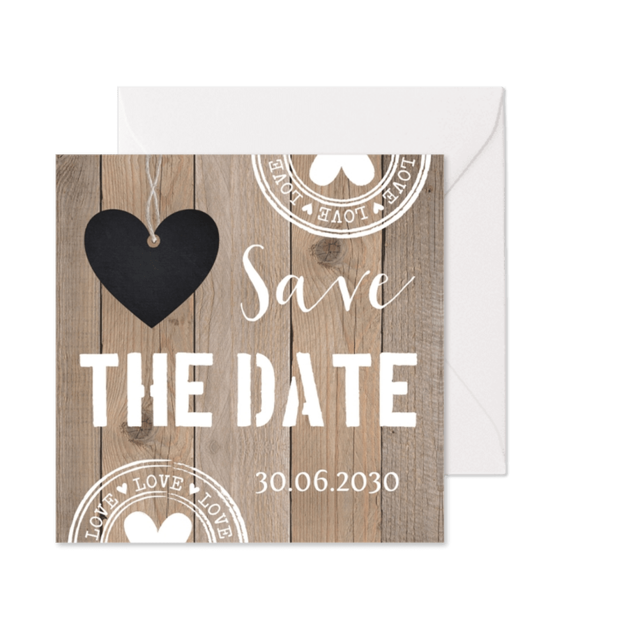 Save the Date kaart typografie hartje houtlook - Kaartimpressie