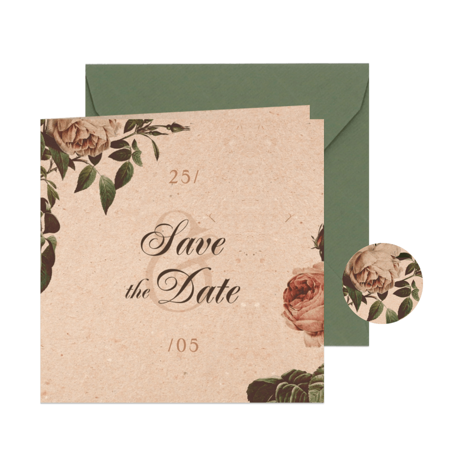 Save the Date kaart vintage met bloemen - Kaartimpressie