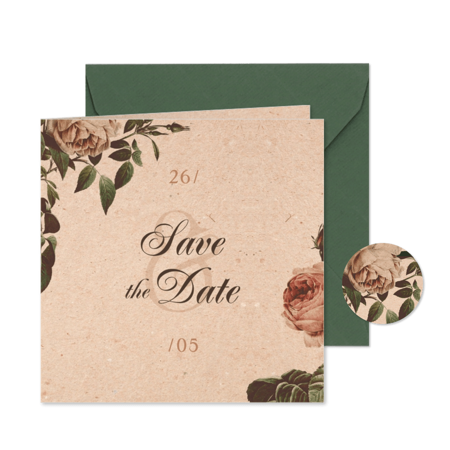 Save the Date kaart vintage met bloemen - Kaartimpressie
