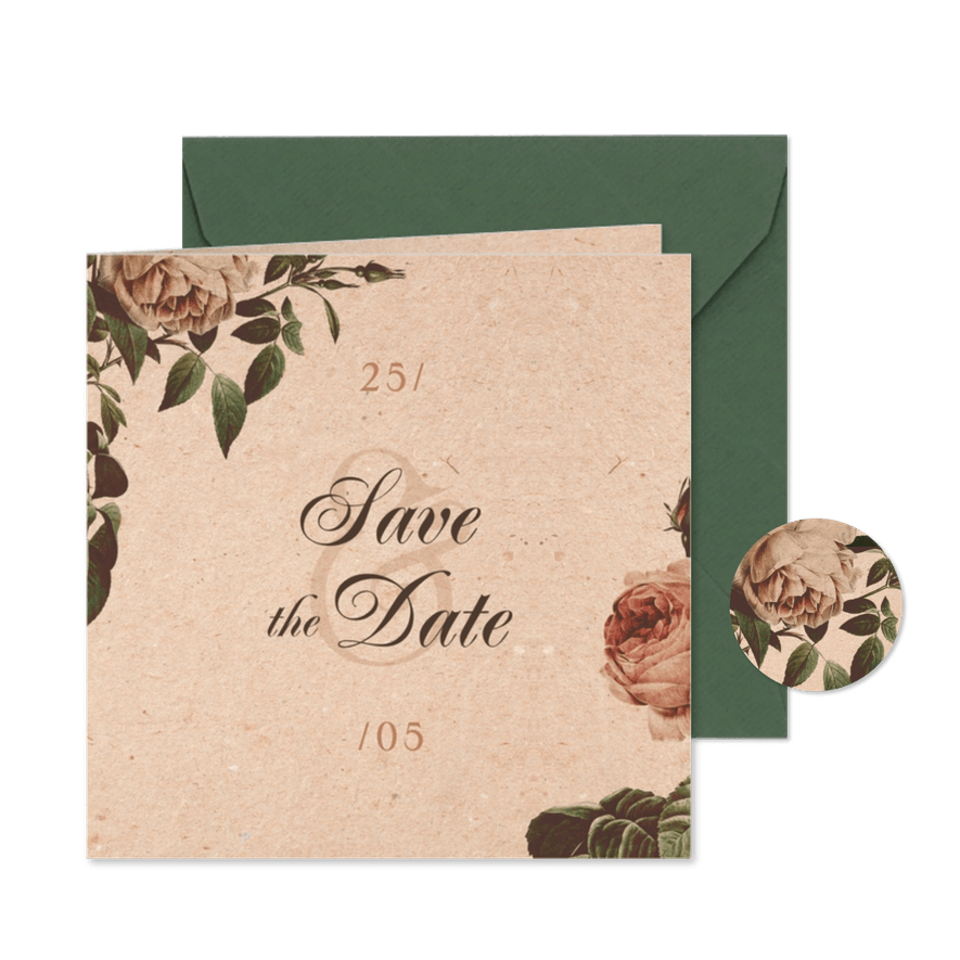 Save the Date kaart vintage met bloemen - Kaartimpressie