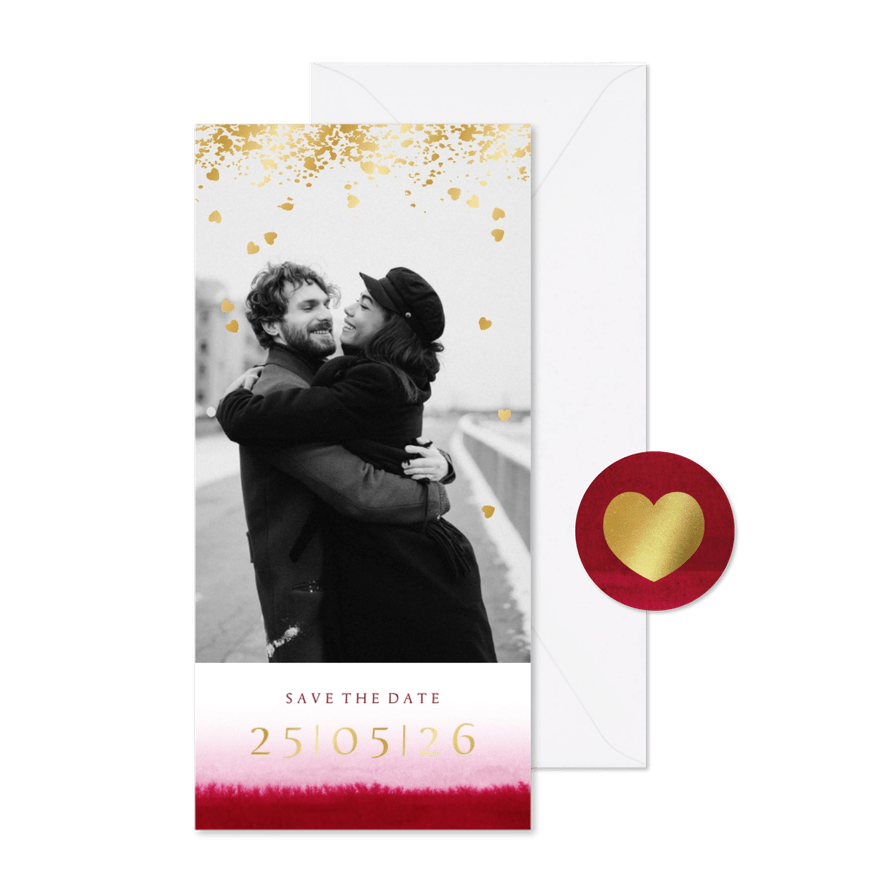 Save the date kaart watercolor dipdye goud spetters hartjes - Kaartimpressie