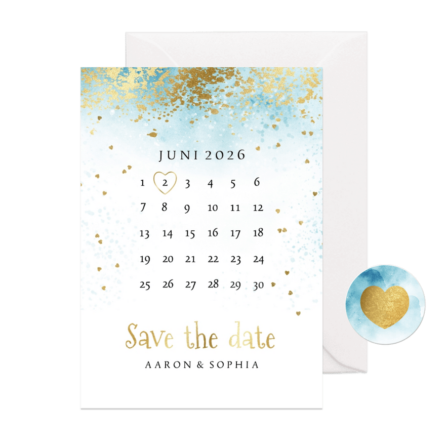 Save the date kaart watercolour kalender goud - Kaartimpressie