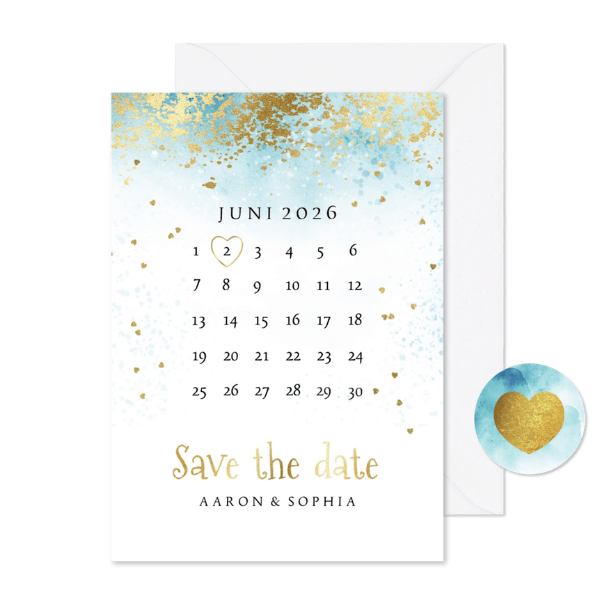 Save the date kaart watercolour kalender goud - Kaartimpressie